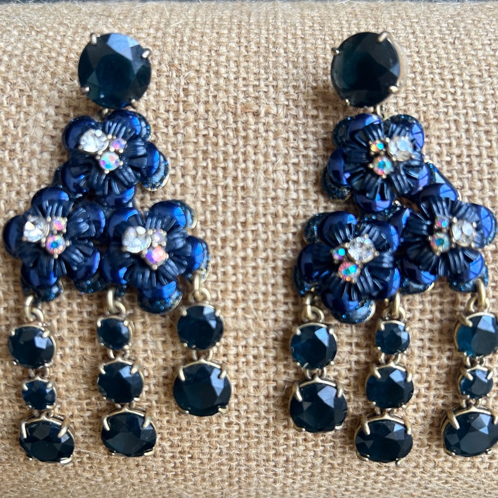 J.Crew Navy Blue Large Dangle Statement Earrings Crystal Rhinestones